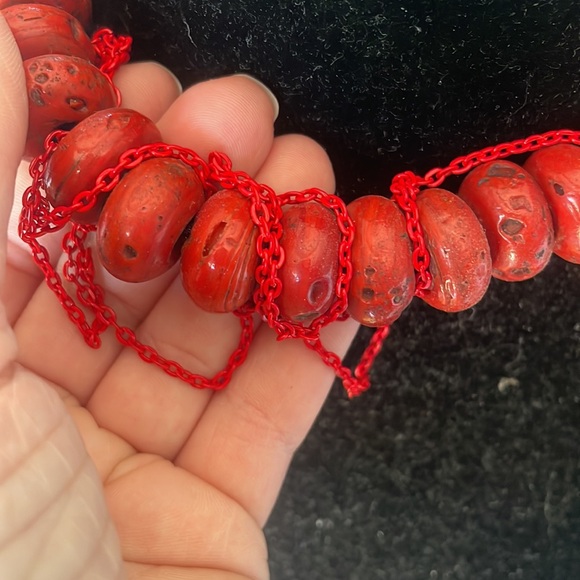 Rustic Tribal Red Beaded Chain Necklace - Picture 2 of 5